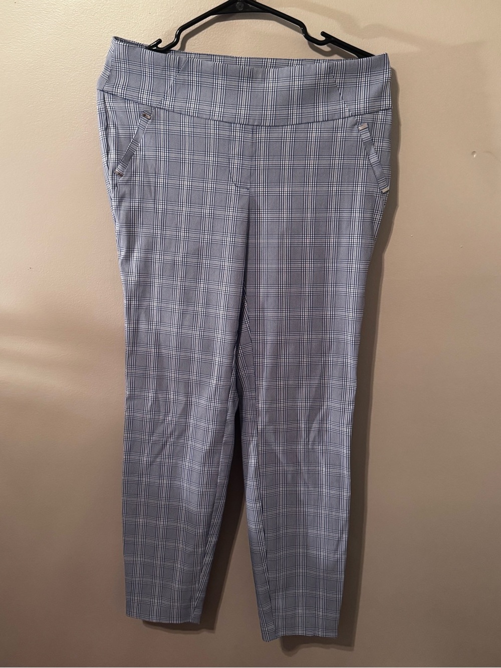 Plaid Straight-Leg Pull-On Pants in Light Blue